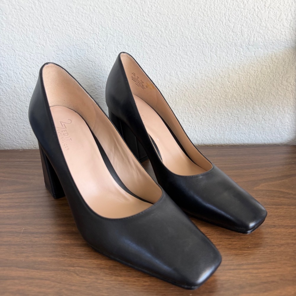 27 Edit Naturalizer Lana Black Leather Square Toe Block Heel Pumps 8.5M